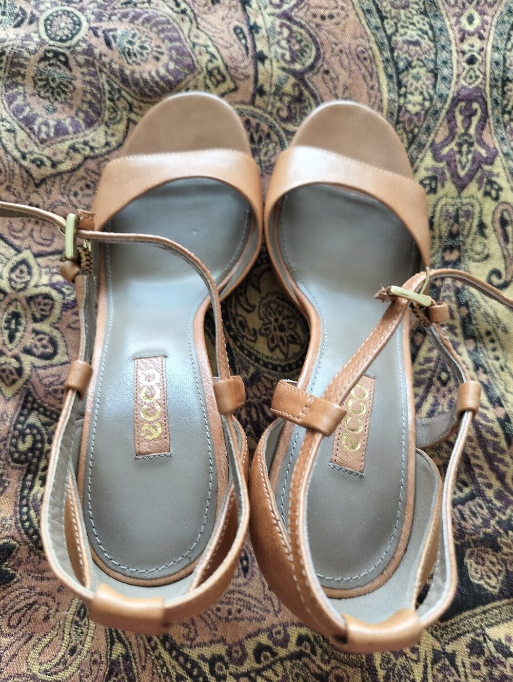 ECCO Women's 39/8-8.5 Shape 65 Tan Leather T-Strap Heeled Sandals - Picture 3 of 11